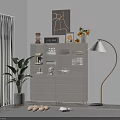Modern Decorative Cabinet With Glass Doors Lighting Floor Lamp Potted Plant Wall Art And Flower Vase