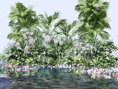Lush Green Plants And Pink White Flowers With Water Reflection In Garden 3d model