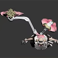 3D Game Character in Maid Outfit with Blonde Hair Pink Accents and Large Mechanical Weapon