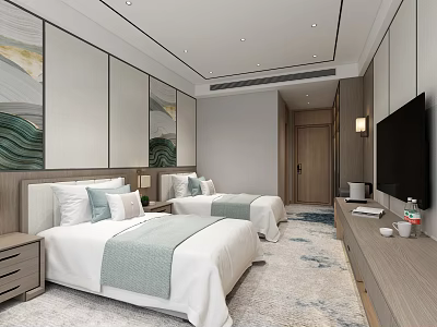 Modern Hotel Room Interior With Twin Beds White Bedding Light Green Runners And Landscape Decor 3d model