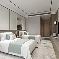 Modern Hotel Room Interior With Twin Beds White Bedding Light Green Runners And Landscape Decor