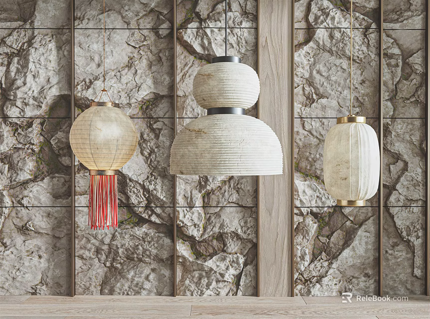 Stylish Pendant Lights With Woven Fabric Tassel Detail Against Marble Texture Wall And Wooden Accent 3d model 