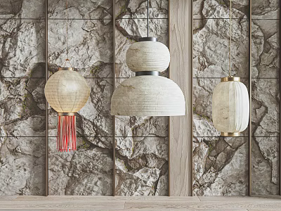 Stylish Pendant Lights With Woven Fabric Tassel Detail Against Marble Texture Wall And Wooden Accent 3d model