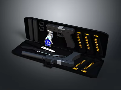 Tactical Weapons Set With Handgun Knife Bullets Magazines In Black Case 3d model