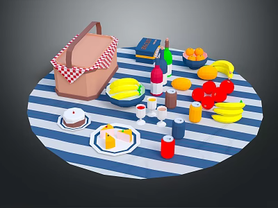 Colorful Picnic Food On Blue And White Striped Blanket With Bananas Oranges Cake And Drinks 3d model