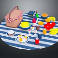 Colorful Picnic Food On Blue And White Striped Blanket With Bananas Oranges Cake And Drinks