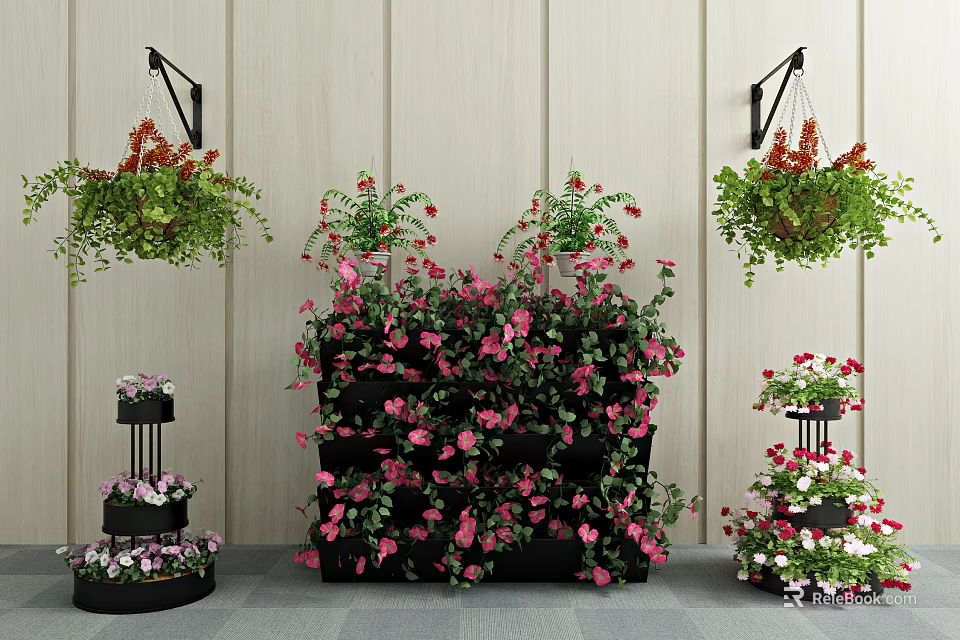Potted Plants Decor With Hanging Baskets Pink Flower Wall And Multi Tiered Planters 3d model 