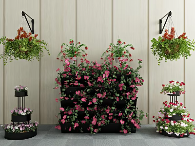 Potted Plants Decor With Hanging Baskets Pink Flower Wall And Multi Tiered Planters 3d model