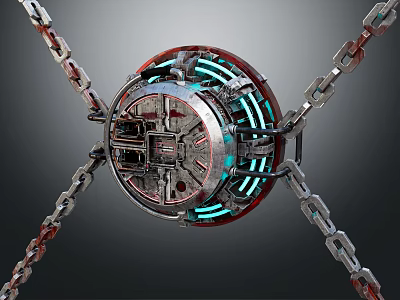 Detailed Futuristic Mechanical Sphere With Glowing Blue Lines And Metal Chains 3d model