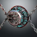 Detailed Futuristic Mechanical Sphere With Glowing Blue Lines And Metal Chains