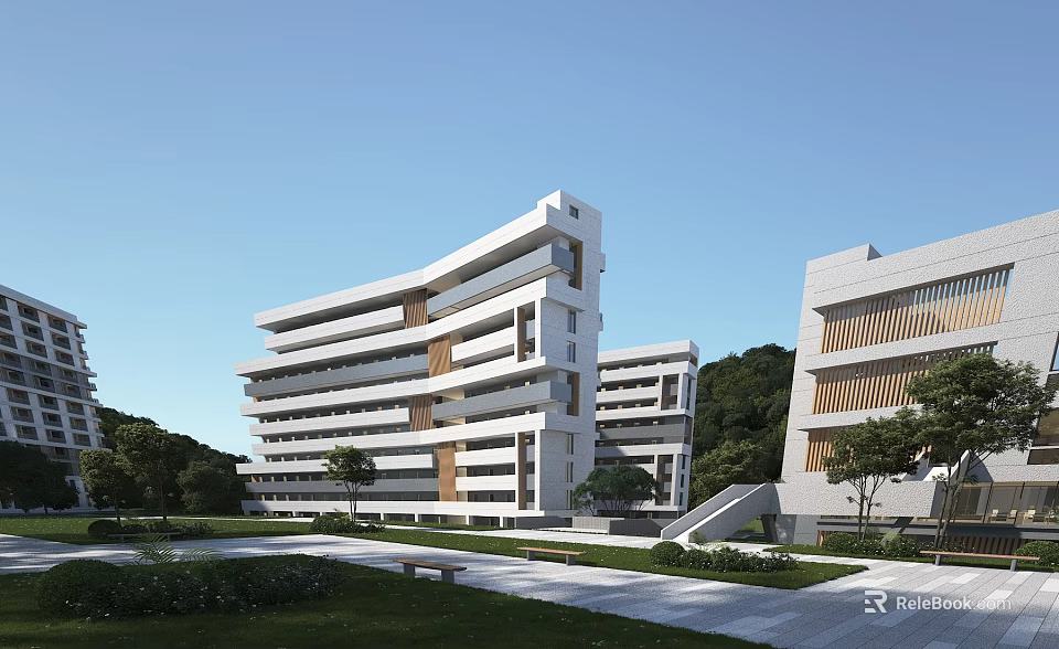 Modern Multi Story Office Building With White Brown Facade Green Landscaping And Walkways 3d model 