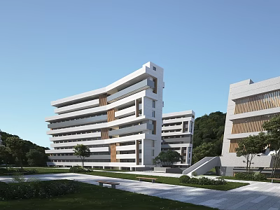Modern Multi Story Office Building With White Brown Facade Green Landscaping And Walkways 3d model