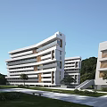 Modern Multi Story Office Building With White Brown Facade Green Landscaping And Walkways