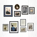Decorative Gallery Wall with Multiple Framed Artworks and Various Styles on Striped Background 3d model