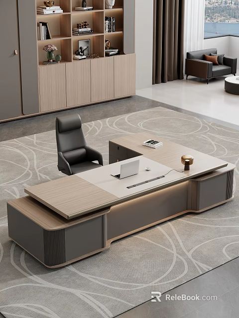 Modern Office Interior Featuring Wooden Desk Laptop Chair And Patterned Rug 3d model 