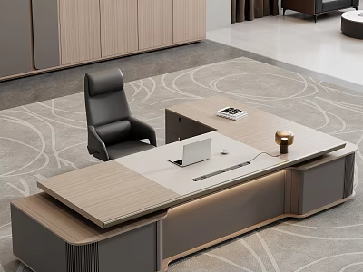Modern Office Interior Featuring Wooden Desk Laptop Chair And Patterned Rug 3d model