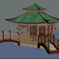 Ancient Chinese Traditional Pavilion with Green Tiled Roof and Wooden Bridge with Decorative Railings