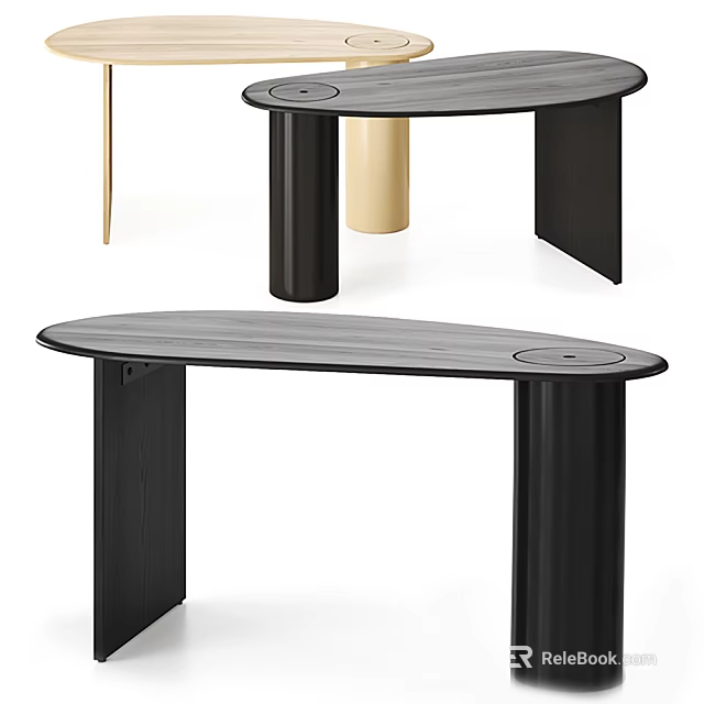 Modern Coffee Table With Black Cylindrical Legs And Oval Wooden Top Design 3d model 