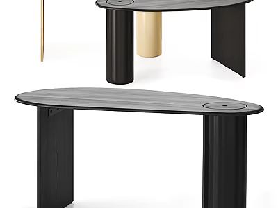 Modern Coffee Table With Black Cylindrical Legs And Oval Wooden Top Design 3d model