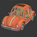 Orange Cartoon Style Beetle Car with White Stripe Yellow Seats on Black Background with Reflection