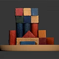Colorful Wooden Blocks Building Small House With Various Shapes On Round Wooden Tray