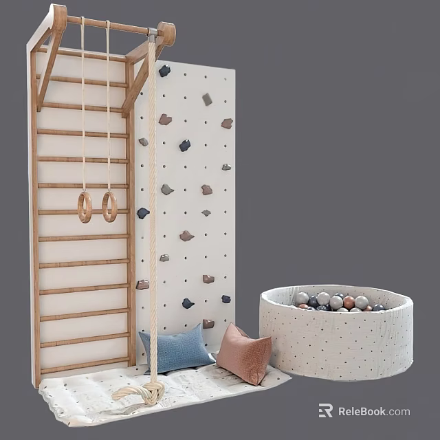 Kids Play Equipment with Climbing Wall Rock Holds Wooden Ladder Rings and Colorful Ball Pit 3d model 