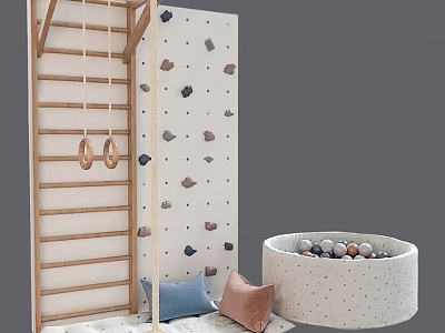 Kids Play Equipment with Climbing Wall Rock Holds Wooden Ladder Rings and Colorful Ball Pit 3d model