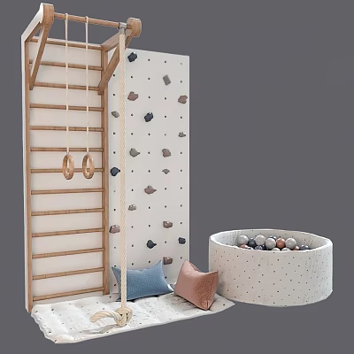 Kids Play Equipment with Climbing Wall Rock Holds Wooden Ladder Rings and Colorful Ball Pit 3d model