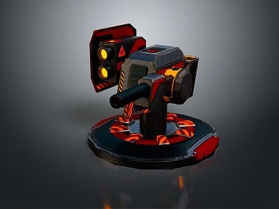 Sci-Fi Landscape Featuring Red Black Mechanical Device With Yellow Lights And Circular Base 3d model