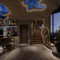 Unique Restaurant Interior With Blue Cloud Ceiling Textured Walls Fireplace Piano Sofa And Staircase