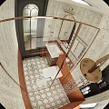 Vintage Style Bathroom Interior Featuring Patterned Wallpaper Wooden Vanity Round Mirror And Patterned Tile Floor 3d model