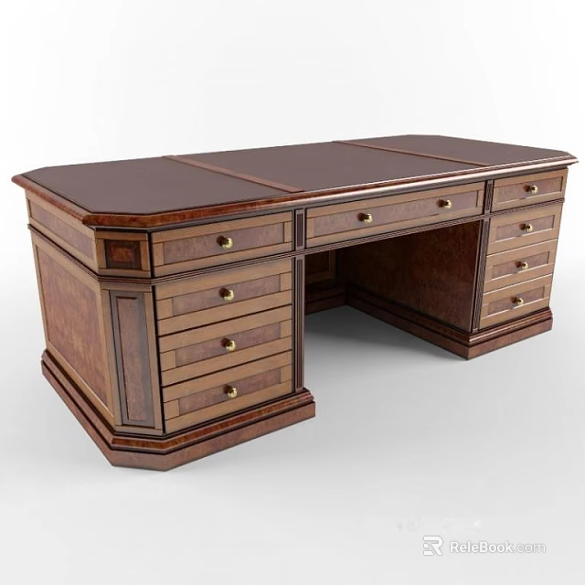 Classic Dark Brown Wooden Desk With Multiple Drawers And Metal Handles 3d model 