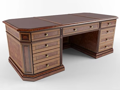 Classic Dark Brown Wooden Desk With Multiple Drawers And Metal Handles 3d model