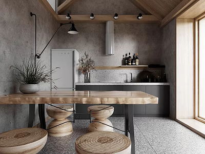 Modern Restaurant Interior With Wooden Table Stone Countertop Metal Lighting And Plant Decor 3d model