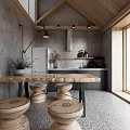 Modern Restaurant Interior With Wooden Table Stone Countertop Metal Lighting And Plant Decor