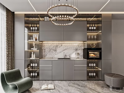 Modern Wine Cabinet Design With Glass Shelves Marble Countertop Built in Oven And Chandelier 3d model
