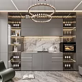 Modern Wine Cabinet Design With Glass Shelves Marble Countertop Built in Oven And Chandelier