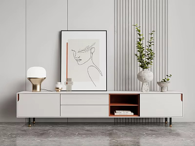 Modern White TV Stand With Drawers Open Compartment Green Plant Vase Lamp And Wall Art 3d model