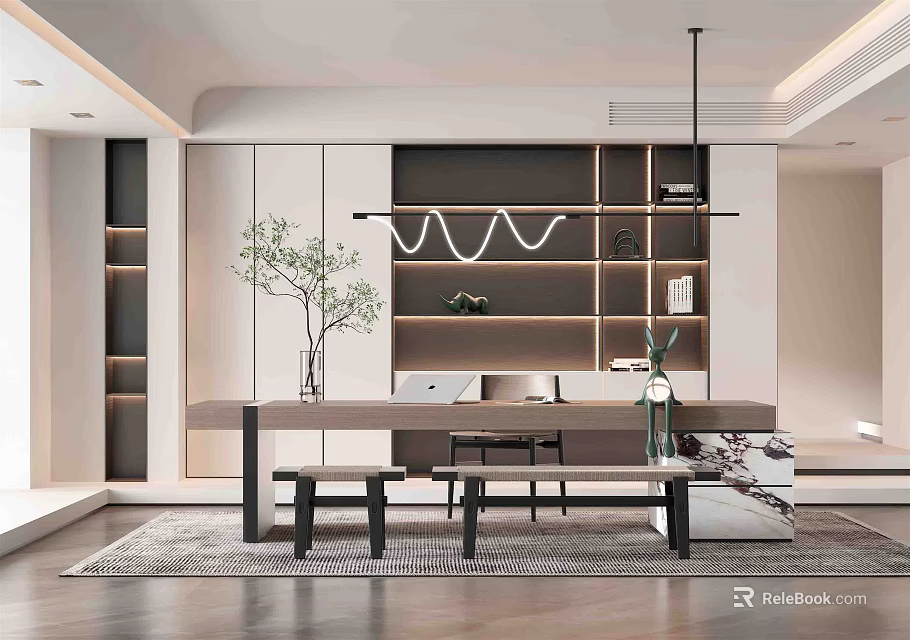 Modern Study Room Interior Design With Bookshelves Desk Lighting And Decorative Plants 3d model 