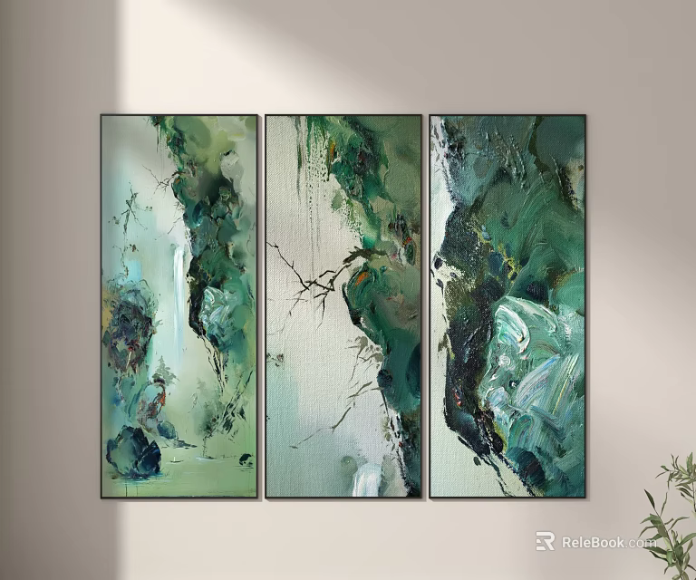 Three Panel Abstract Green Paintings As Modern Wall Art For Home Decor 3d model 