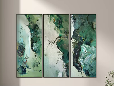 Three Panel Abstract Green Paintings As Modern Wall Art For Home Decor 3d model