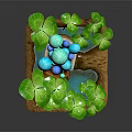 Cartoon Scene with Blue Mushrooms Green Clover Leaves and Small Water Stream on Brown Base