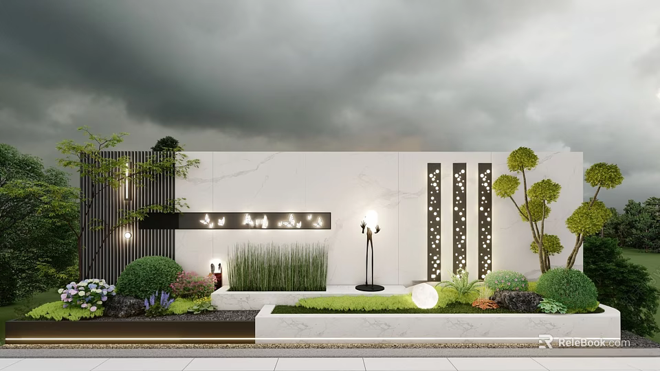 Serene Landscape With White Wall Perforated Panels Trimmed Greenery Lawn Round Lamp And Gray Sky 3d model 