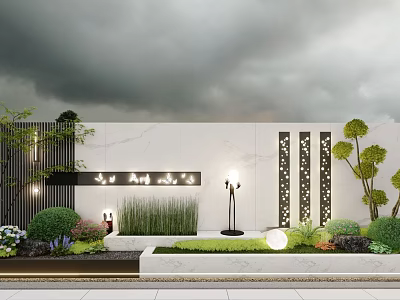 Serene Landscape With White Wall Perforated Panels Trimmed Greenery Lawn Round Lamp And Gray Sky 3d model