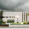 Serene Landscape With White Wall Perforated Panels Trimmed Greenery Lawn Round Lamp And Gray Sky