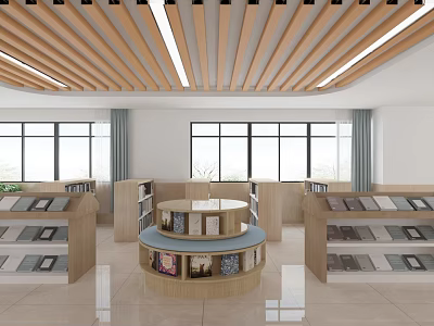 Book Art Gallery Interior With Modern Wooden Bookshelves Circular Display Stand And Natural Light 3d model