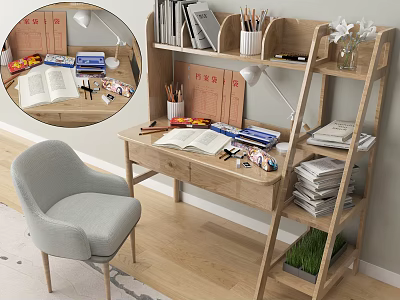 Wooden Desk With Gray Chair Open Book Stationery Lamp Shelf Books Flower In Vase Plant 3d model