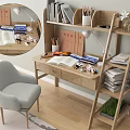 Wooden Desk With Gray Chair Open Book Stationery Lamp Shelf Books Flower In Vase Plant