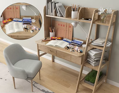 Wooden Desk With Gray Chair Open Book Stationery Lamp Shelf Books Flower In Vase Plant 3d model