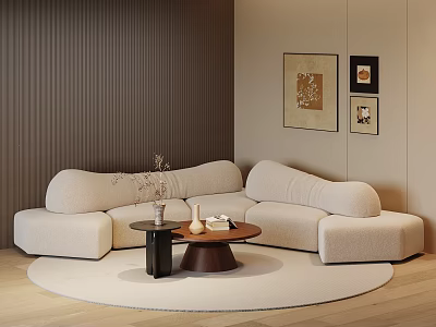 Curved Beige Sofa and Coffee Table Set with Decorative Paintings Round Rug and Striped Wall 3d model